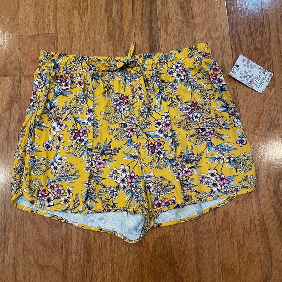 Pink Republic Shorts Size Junior Large NWT Gold Illustrated Floral Stretch Waist - Picture 1 of 4